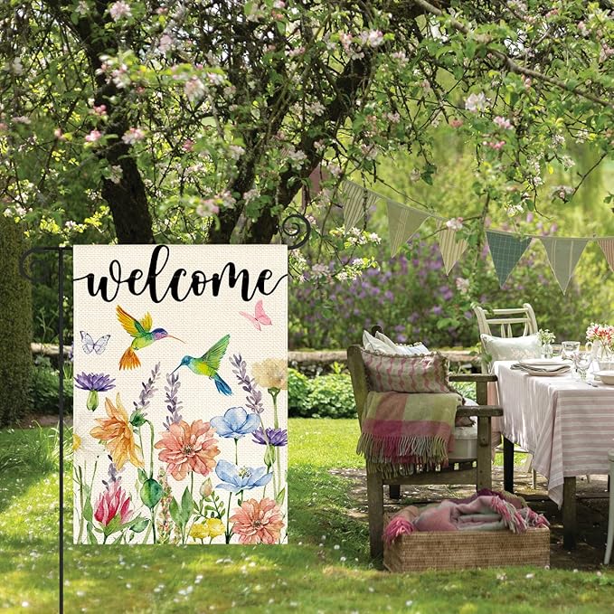 AVOIN colorlife Hummingbird Spring Flowers Garden Flag 12 x 18 Inch Double Sided, Seasonal Welcome Yard Outdoor Flag