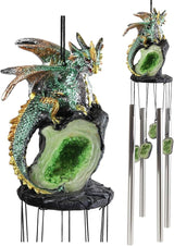 Ebros Gift Medieval Green Dragon Guarding Emerald Crystal Geode Rock Figurine Crown Top Resonant Wind Chime with Miniature Geode Rocks Ornaments for Garden Patio Home Fantasy Dungeons and Dragons
