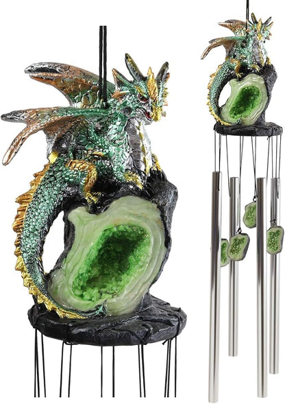 Ebros Gift Medieval Green Dragon Guarding Emerald Crystal Geode Rock Figurine Crown Top Resonant Wind Chime with Miniature Geode Rocks Ornaments for Garden Patio Home Fantasy Dungeons and Dragons