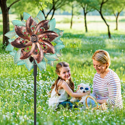 360°Metal Wind Spinners Outdoor for Garden Yard, 64" Kinetic Large Wind Spinner & Sculptures with Stable Metal Stake, Garden Windmill for Yard Lawn Patio Art Decor (Green-Brown)