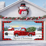 IVN Merry Christmas Garage Door Banner 13x6ft Festive Buffalo Plaid Truck in Snowy Landscape Photo Prop Background for Joyful Holiday Yard Door Cover Background Outdoor Winter Scene