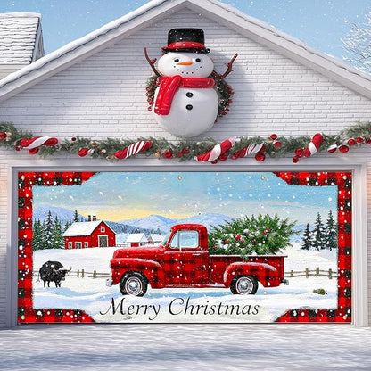 IVN Merry Christmas Garage Door Banner 13x6ft Festive Buffalo Plaid Truck in Snowy Landscape Photo Prop Background for Joyful Holiday Yard Door Cover Background Outdoor Winter Scene
