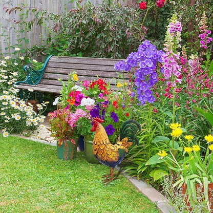 Metal Rooster Yard Decor,16 in Outdoor Chicken Statue Decoration for Patio Lawn Garden,3D Rooster Garden Statues,Chicken Yard Art Sculpture Outdoor Figurines,Metal Chicken Decor,1 Pcs (Gold)