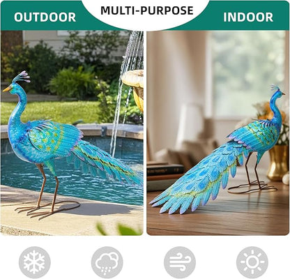 23" H Metal Peacock Yard Decor - Handmade Oversize Peacock Sculptures with Stable Ground Stakes, Backyard Decoration, Metal Garden Art