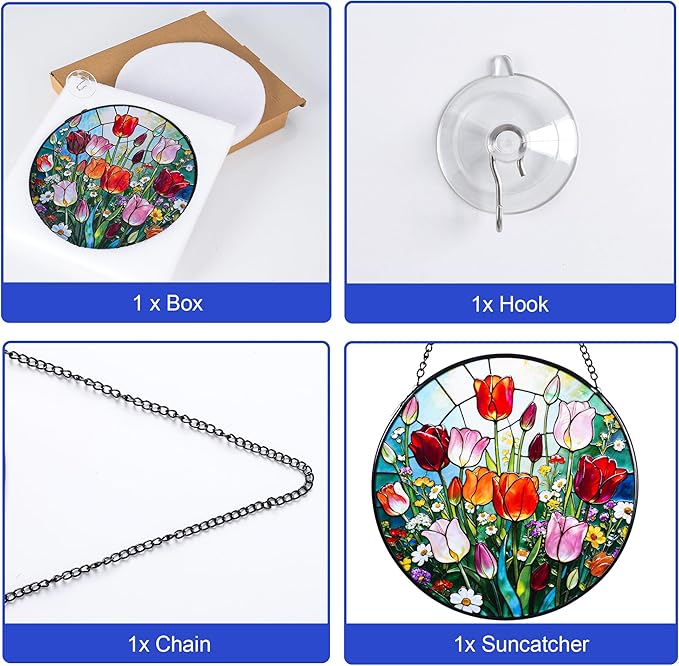 Stained Glass Window Hanging, Colorful Tulips Suncatcher 7.8 in Sun Catcher Glass Panel Boho Wall Art Decor with Chain Diamond Glass Panel Hangings Scenery Sun Catchers Decor for Lover Couple Mom