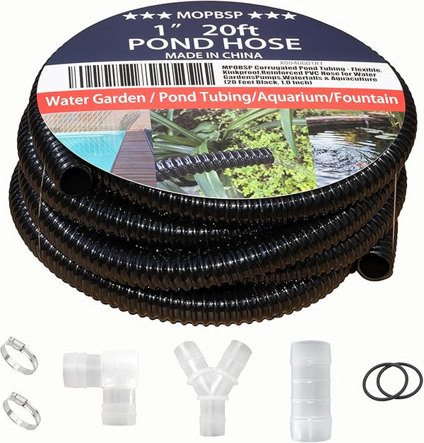 Corrugated Pond Tubing - Flexible, Kinkproof, Reinforced PVC Hose for Water Gardens, Pumps, Waterfalls & Aquaculture (20 Feet Black, 1.0 Inch)