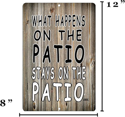 Rogue River Tactical Funny Sarcastic Metal Tin Sign Wall Decor Man Cave Bar What Happens on The Patio