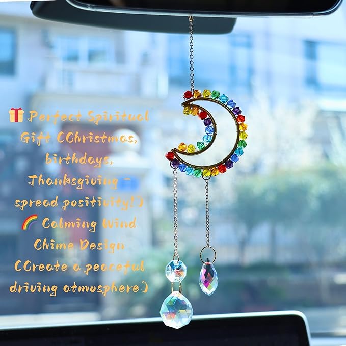 Moon Rear View Mirror Accessories, Crystal Bead Car Decor, Boho Witchy Suncatcher Healing, Car Charm Hanging Ornaments for Women Men