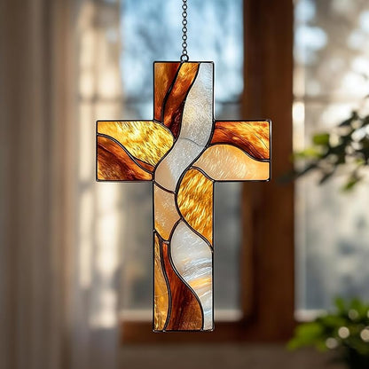 Amber Christian Cross Handmade Resin Suncatchers, Artisan Boho Sun Catcher Stained Glass Effect Window Hanging Garden Decor, Gift for Mother's Day Mom Grandma Wife Women