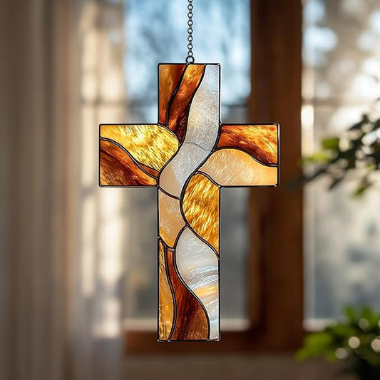 Amber Christian Cross Handmade Resin Suncatchers, Artisan Boho Sun Catcher Stained Glass Effect Window Hanging Garden Decor, Gift for Mother's Day Mom Grandma Wife Women