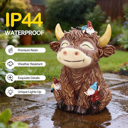 Solar Highland Cow Garden Statue with Funny Gnomes Outdoor Decor,Cow Figurine with LED Lights Yard Art Decoration for Garden,Patio,Lawn-Unique Gift for Mom,Grandma