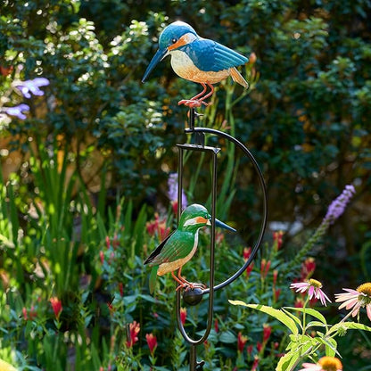 Red Carpet Studios Garden Art Small Blue and Green Hummingbird Balance Rocker Metal Garden Stake Yard Décor, 53” Tall, Dual Bird Design