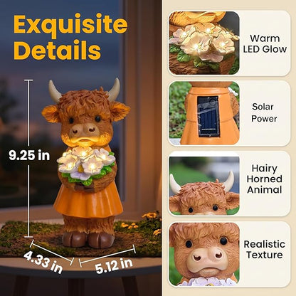 Solar-Powered Resin Highland Cow Statue with Orange Skirt & Light-Up Purple Flower Bouquet - Garden Decor for Patio, Lawn, Porch or Entryway