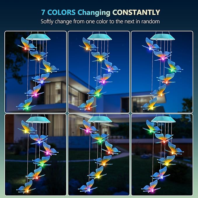 Solar Butterfly Gift for Mom Girls, Color Changing Christmas Wind Chimes for Outside, Solar Outdoor Decorative Mobile Lights for Garden, Yard, Patio, Window, Christmas Decorations, Gift for Women