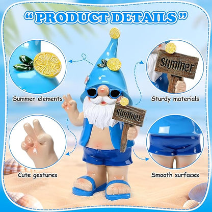 Outdoor Summer Gnomes Statue Beach Gnome Garden Decor for Outside, Beach, Yard, Lawn Ocean Sea Theme Home Decorations for Table, Shelf, Blue Gnome Figurine Funny Elf Gifts for Women
