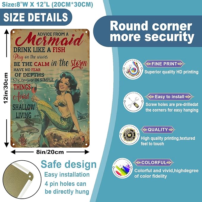 Mermaid Vintage Metal Tin Sign Funny Mermaid Poster for Home Decor 8x12 inch