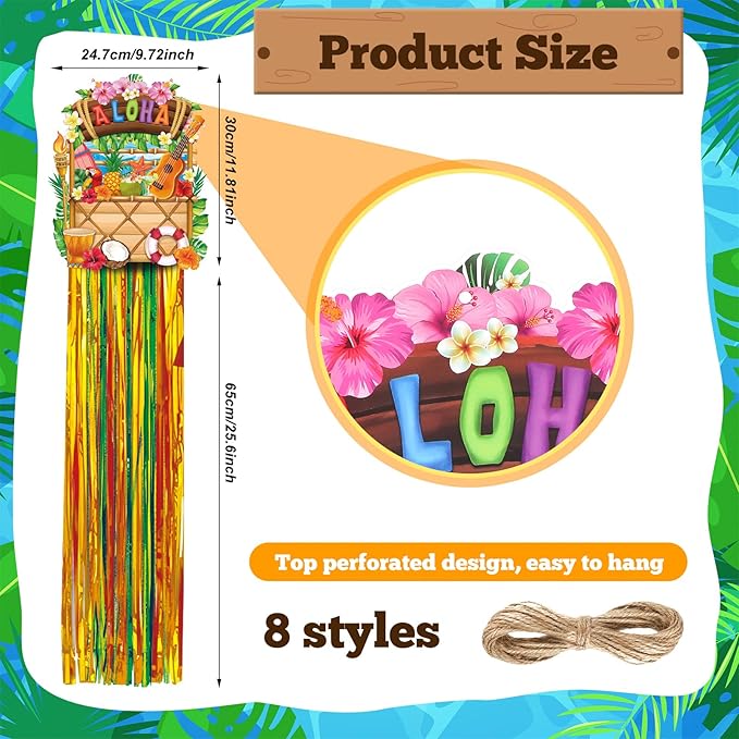 Affrolling 8 Pcs Hawaiian Luau Party Decoration Tropical Tiki Aloha Flamingo Decorations with Tassels for Hawaii Luau Tropical Birthday Party Supplies 3.3 ft Outdoor Summer Door Banner Sign Decor