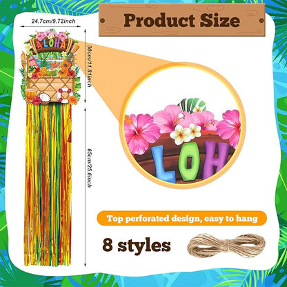 Affrolling 8 Pcs Hawaiian Luau Party Decoration Tropical Tiki Aloha Flamingo Decorations with Tassels for Hawaii Luau Tropical Birthday Party Supplies 3.3 ft Outdoor Summer Door Banner Sign Decor