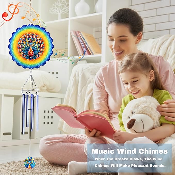 Peacock Wind Chimes for Outside,Birthday Gifts for Mom Grandma Wife,Peacock Wind Chimes with 3D Wind Spinners,Outdoor Decor for Garden Yard Porch