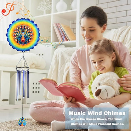 Peacock Wind Chimes for Outside,Birthday Gifts for Mom Grandma Wife,Peacock Wind Chimes with 3D Wind Spinners,Outdoor Decor for Garden Yard Porch