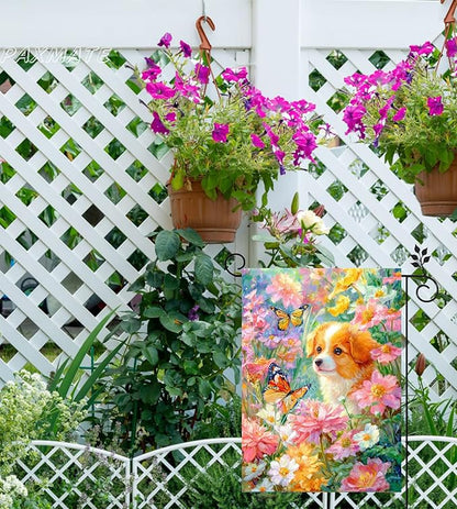 Spring Summer Welcome Garden Flag 12x18 Inch Double Sided Dog Floral Butterfly Burlap Small Yard Flag Seasonal Farmhouse Outside Outdoor Decoration