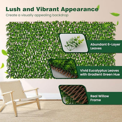 Giantex Expandable Fence Privacy Screen - Decorative Faux Green Eucalyptus Fencing Panel for Balcony, Artificial Hedges with PE Leaves and Willow for Outdoors Garden Patio Deck Apartment, 1 Pack