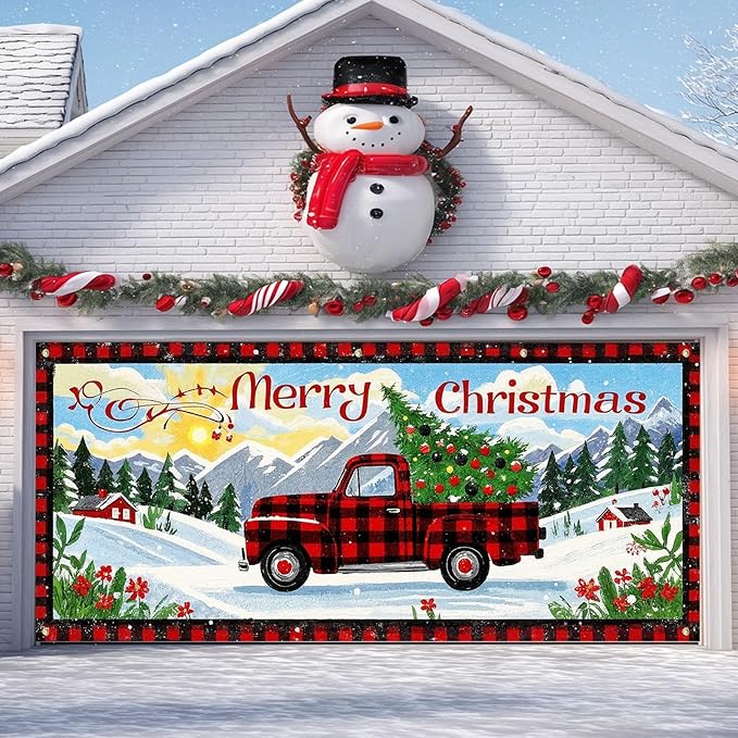 IVN Christmas Garage door banner Red Plaid Truck Christmas Tree Winter Mountain Scene Door Cover Indoor And Outdoor Studio Background Hanging Decoration 13x6ft