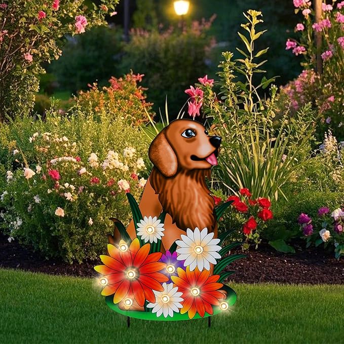 WONDER GARDEN Decorative Garden Stakes - Lighted Dog and Flower Yard Sign Stakes Spring Signs for Outdoor, Porch, Yard,Flower Bed Decor