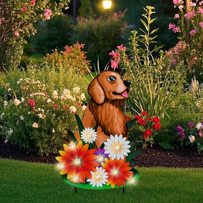 WONDER GARDEN Decorative Garden Stakes - Lighted Dog and Flower Yard Sign Stakes Spring Signs for Outdoor, Porch, Yard,Flower Bed Decor