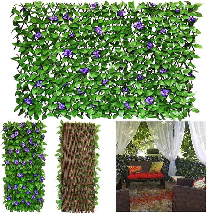 Expandable Fence Privacy Screen for Balcony Patio Outdoor,Decorative Faux Ivy Fencing Panel,Artificial Hedges (4, Purple Flower)