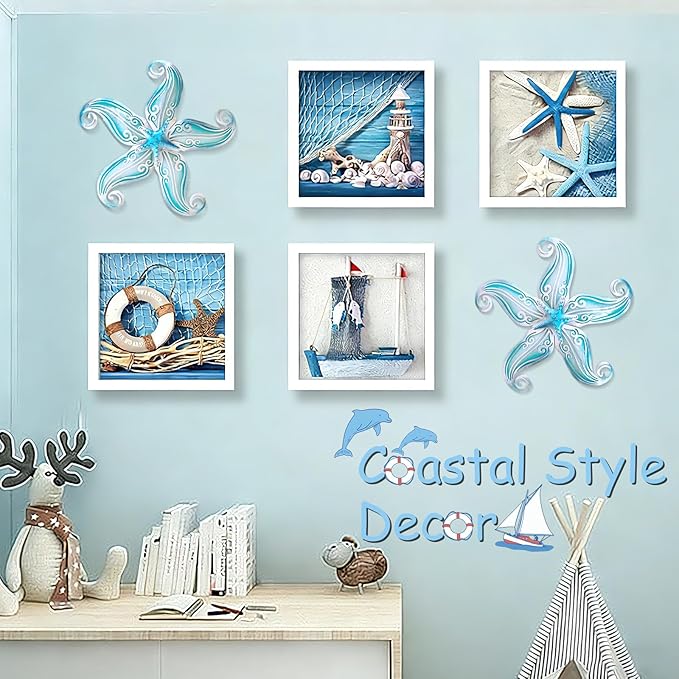 POXOHO Starfish Coastal Wall Decor Art, Starfish Beach Theme Bathroom Decor for Bedroom House Home, 12" Hanging Glass Sculpture, Beach Wall Art Ocean Gifts for Women & Men (Sky Blue)