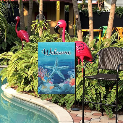 Welcome Coastal Garden Flag with Starfish Ocean Theme Summer Beach Yard Flags Nautical Sea Life Outdoor House Banner for Yard Lawn Patio Porch Pool Rusitc Seasonal Home Decor 12x18 Inch