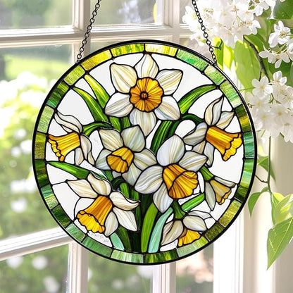 Stained Glass Window Hanging, Daffodil Flowers Sun Catchers Glass Panel Hangings Suncatcher Decor Spring Garden Gift for Women 7.8 in