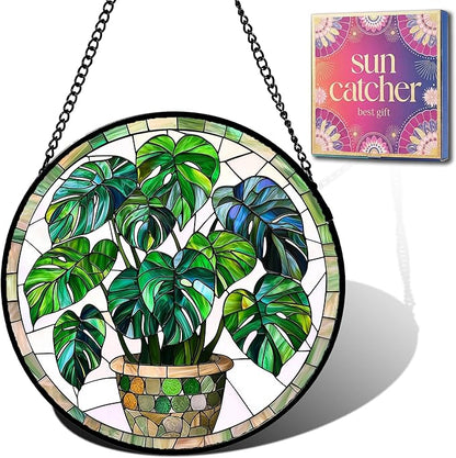 Birthday Gifts for Women - Green Monstera Plant Faux Stained Glass Window Hanging Sun Catcher for Door Garden Acrylic Decor Mother's Day Christmas for Mom Nana Grandma Sisters Wife 7.8"