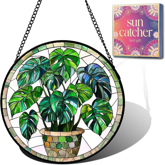 Birthday Gifts for Women - Green Monstera Plant Faux Stained Glass Window Hanging Sun Catcher for Door Garden Acrylic Decor Mother's Day Christmas for Mom Nana Grandma Sisters Wife 7.8"