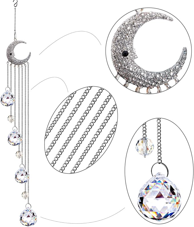 20.5inch Hanging Clear Crystal Suncatcher Ornaments with Moon Decor Rainbow Maker Crystal Beads Ball Prisms Ornament for Christmas Tree