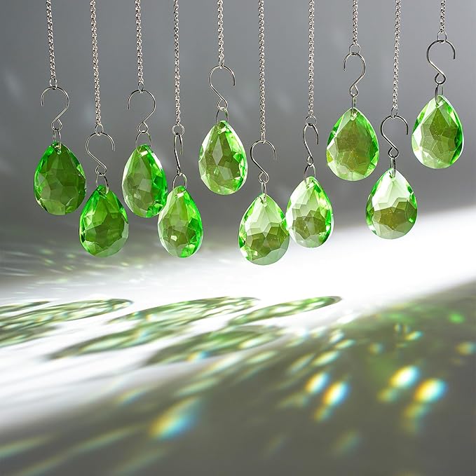 H&D HYALINE & DORA 10pcs Bauhinia Crystal Suncatcher Prisms Chandelier Beads Replacement 38mm Hanging Crystals Ornament Pendant for Window Wedding Party Decor,Green