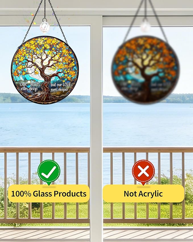 Tree of Life Stained Glass Window Hanging Family Tree Suncatcher for Door Home Decor Desk Decorations Gifts for Women (Glass-Roots Deep, 7.8x7.8 in)
