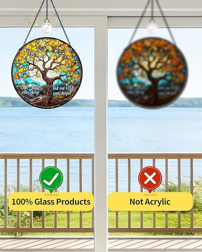 Tree of Life Stained Glass Window Hanging Family Tree Suncatcher for Door Home Decor Desk Decorations Gifts for Women (Glass-Roots Deep, 7.8x7.8 in)