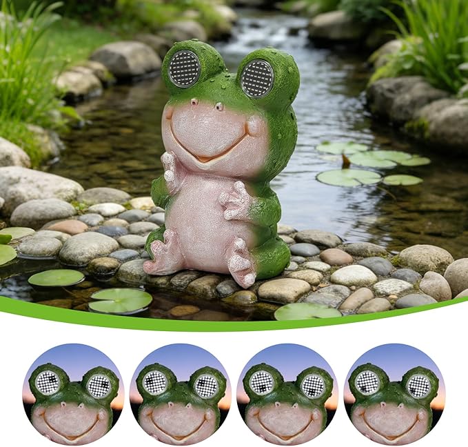 Solar Frog Garden Statue with LED Blinking Moving Eyes, Resin Solar Powered Outdoor Frog Decor, IP65 Waterproof Frog Statue for Garden Yard Patio Lawn Porch, Funny Garden Gift for Mom