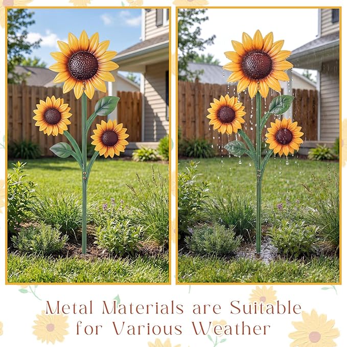 3 Pack Sunflower Garden Stakes Set - Metal Flowers Decoration Spring Summer Outside Yard Art for Lawn, Patio, Pathway
