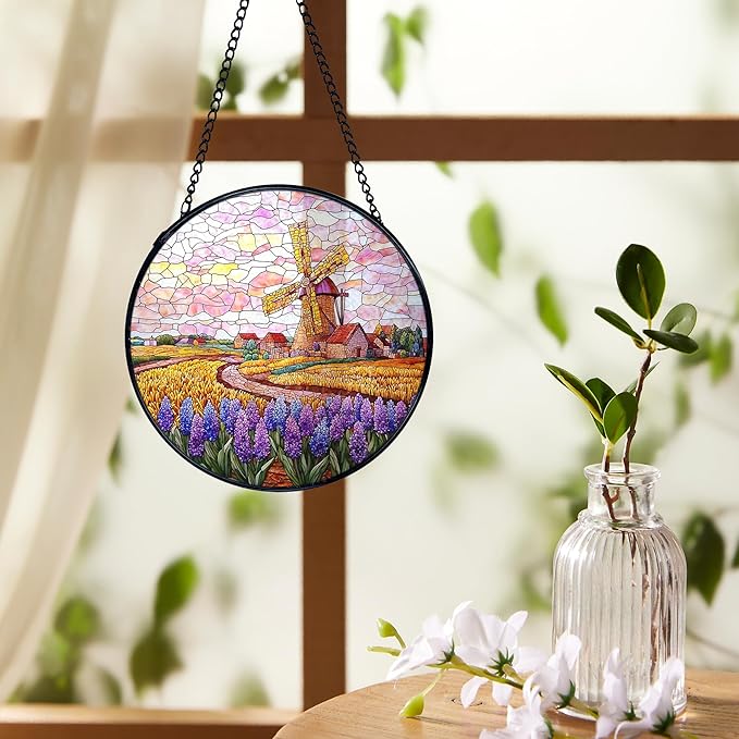 Wildflower Windmill Landscape Suncatchers Stained Glass Window Hanging, Cottagecore Flower Sun Catchers Indoor Window Glass Round Wall Decor, Floral Wall Hanging Decorations, 7.9x7.9in