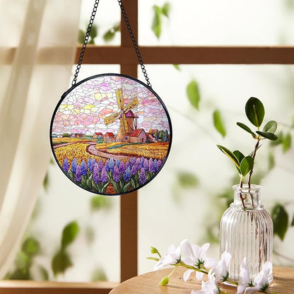 Wildflower Windmill Landscape Suncatchers Stained Glass Window Hanging, Cottagecore Flower Sun Catchers Indoor Window Glass Round Wall Decor, Floral Wall Hanging Decorations, 7.9x7.9in