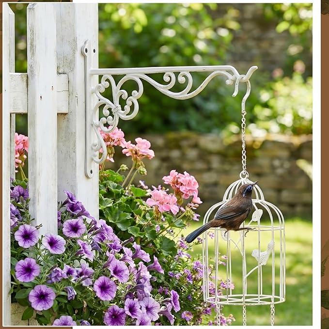 Landhoow 2 Pcs 15.6" Large Cast Iron Hanging Outdoor Wall Hanger White Heavy Duty Basket Hook Braces Vintage Decorative Shelf Garden Planter Flower Hook for Pot Lantern Wind Chime Hummingbird Feeder