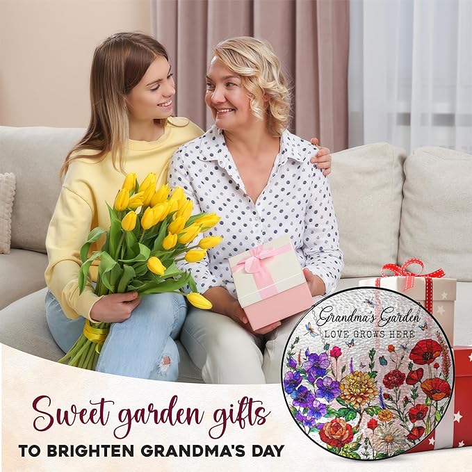 FLAGWIX Grandma Birthday Gifts - Grandmas Garden Stained Glass Window Hanging with Base 10 in - Birthday Gift for Grandma, Grandparents Day Gifts for Nana Gigi, Sun Catchers Indoor Window