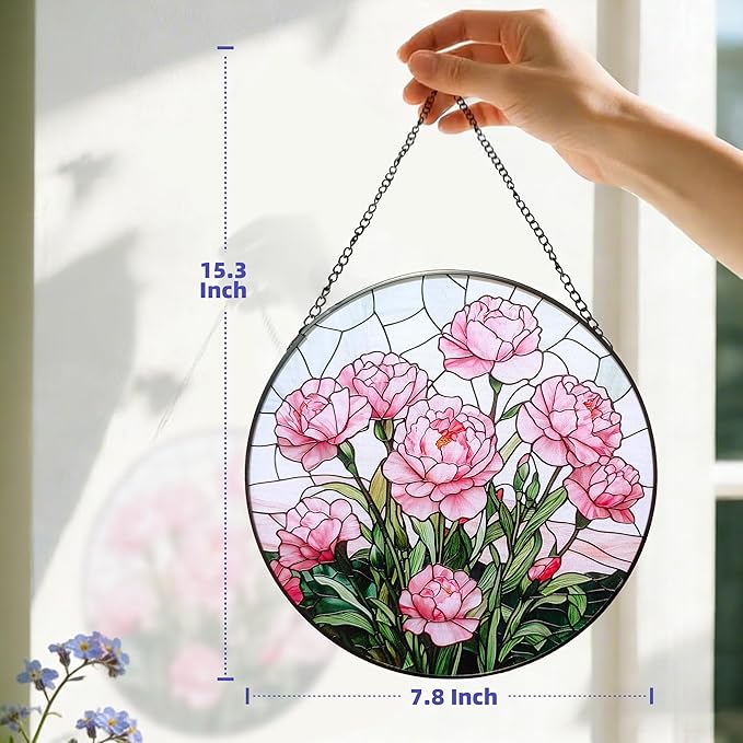 Stained Glass Window Hanging Suncatcher, Handmade 7.8 in Pink Carnation Sun Catcher for Home Garden Decor, Gift for Women Friends Grandma Mom Sister, Mother's Day, Birthday, Anniversary