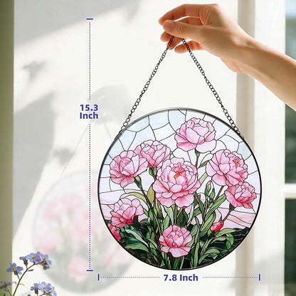 Stained Glass Window Hanging Suncatcher, Handmade 7.8 in Pink Carnation Sun Catcher for Home Garden Decor, Gift for Women Friends Grandma Mom Sister, Mother's Day, Birthday, Anniversary