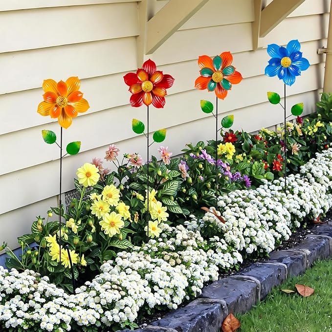 4 Pcs Wind Spinners Outdoor, Small Metal Flower Windmill, Colorful Pinwheels Decorative Floral Garden Stakes for Yard Patio Lawn Garden Decor, 27 x 6 Inches