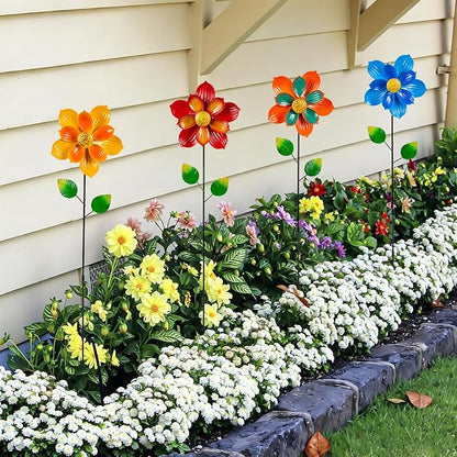 4 Pcs Wind Spinners Outdoor, Small Metal Flower Windmill, Colorful Pinwheels Decorative Floral Garden Stakes for Yard Patio Lawn Garden Decor, 27 x 6 Inches