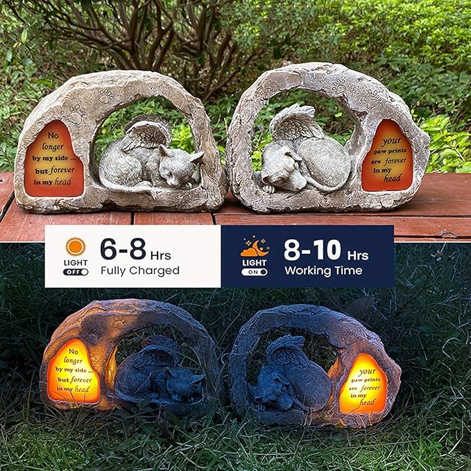 Banax Solar Powered Cat Angel Pet Memorial Tombstone Statue, Cat Angel Memorial Statue Commemorates Our Lost Fur Baby, Pet Tribute for Tombstone or Outdoor Backyard Garden